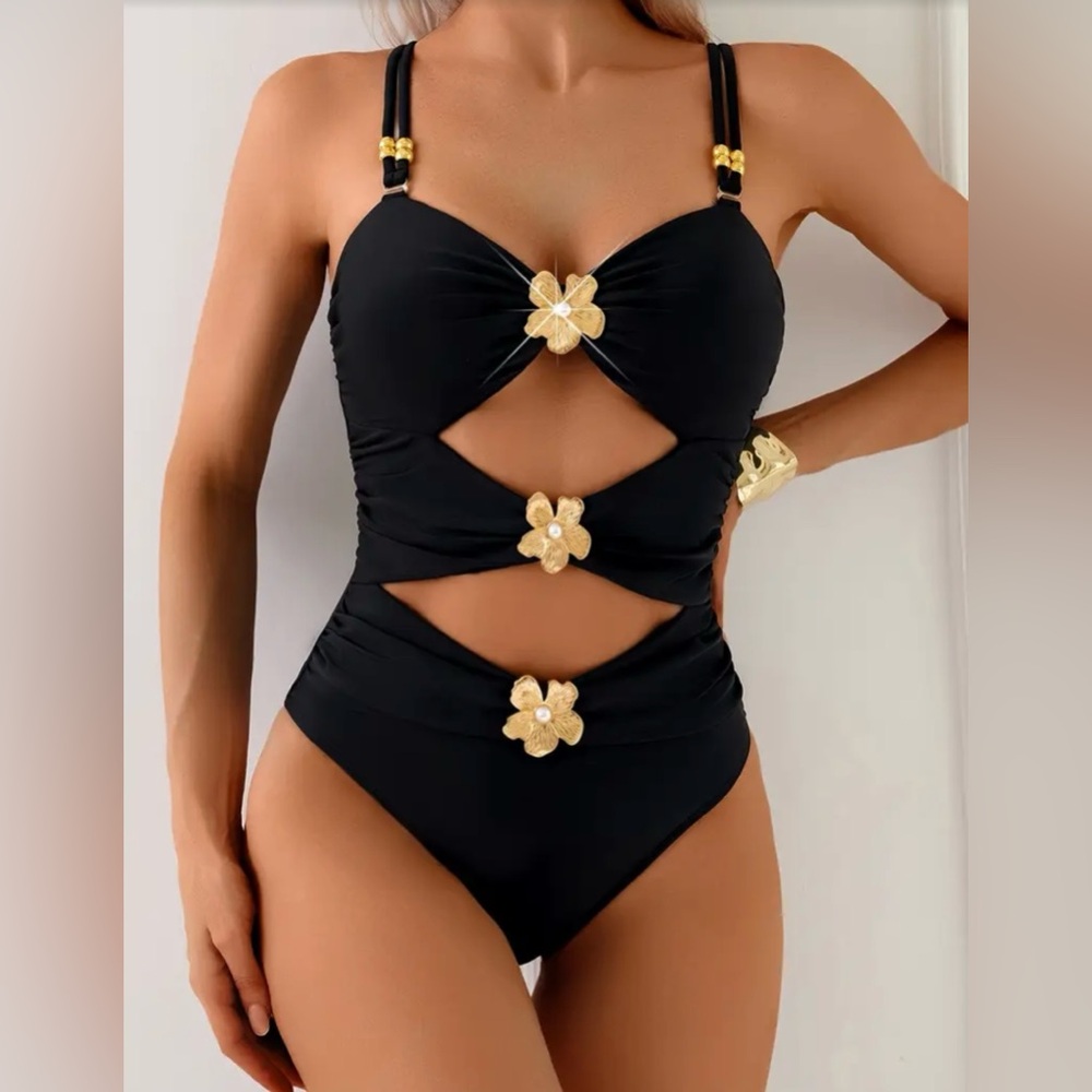 Black Cutout Swimsuit with Gold Accents
